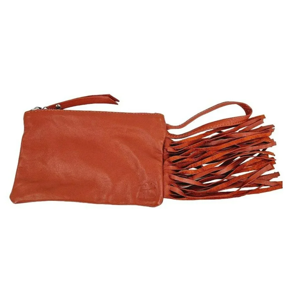 Talula De La Lune Leather Wristlet Camel Brown Fringe Trim Pink Zip Top Plaid
